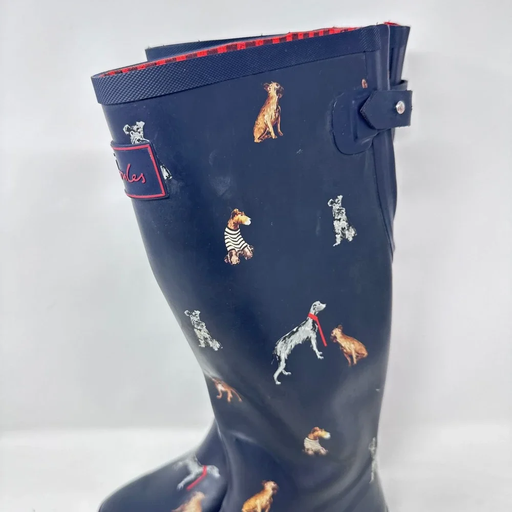 Joules Rain Boots Navy Blue Size 8 Dog Print Tall Wellingtons Waterproof